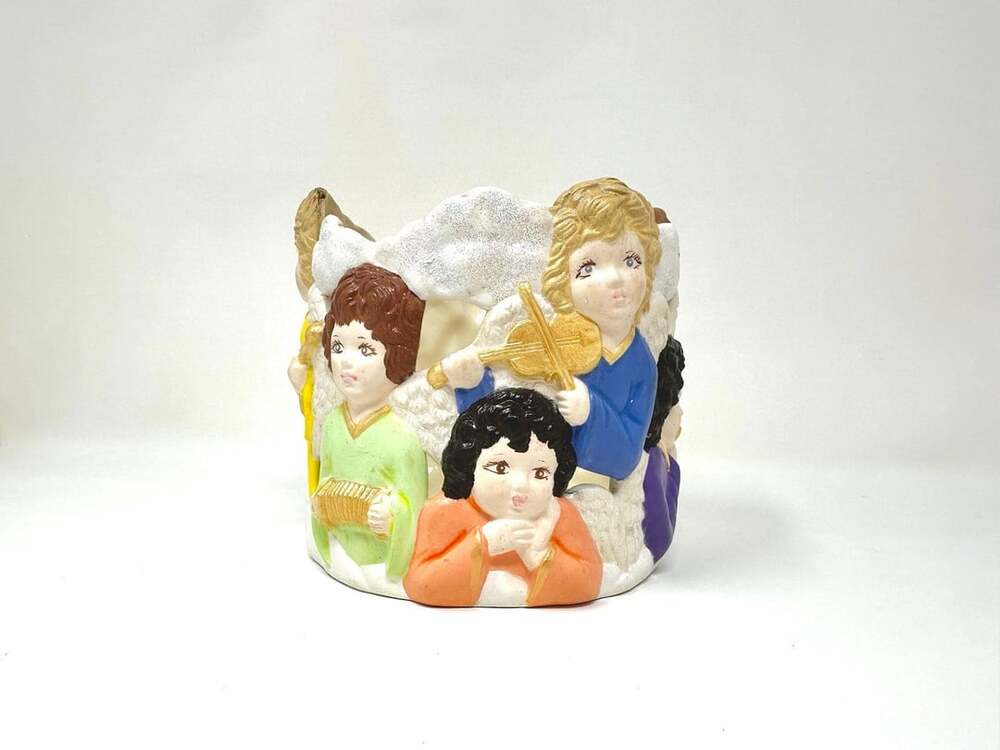 little angels ceramic candle holder / planter vintage painted ceramic chalkware